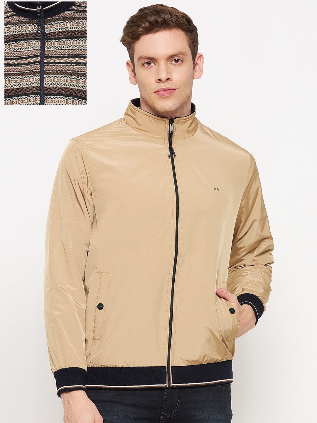 

Okane Men Camel Brown Geometric Reversible Tailored Jacket