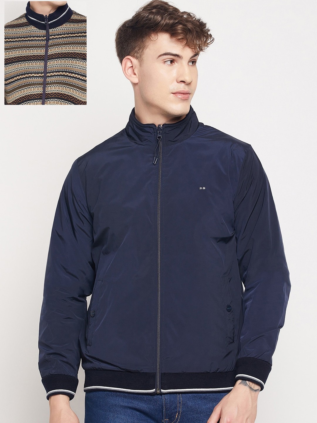 

Okane Plus Size Men Navy Blue & Beige Reversible Bomber Jacket