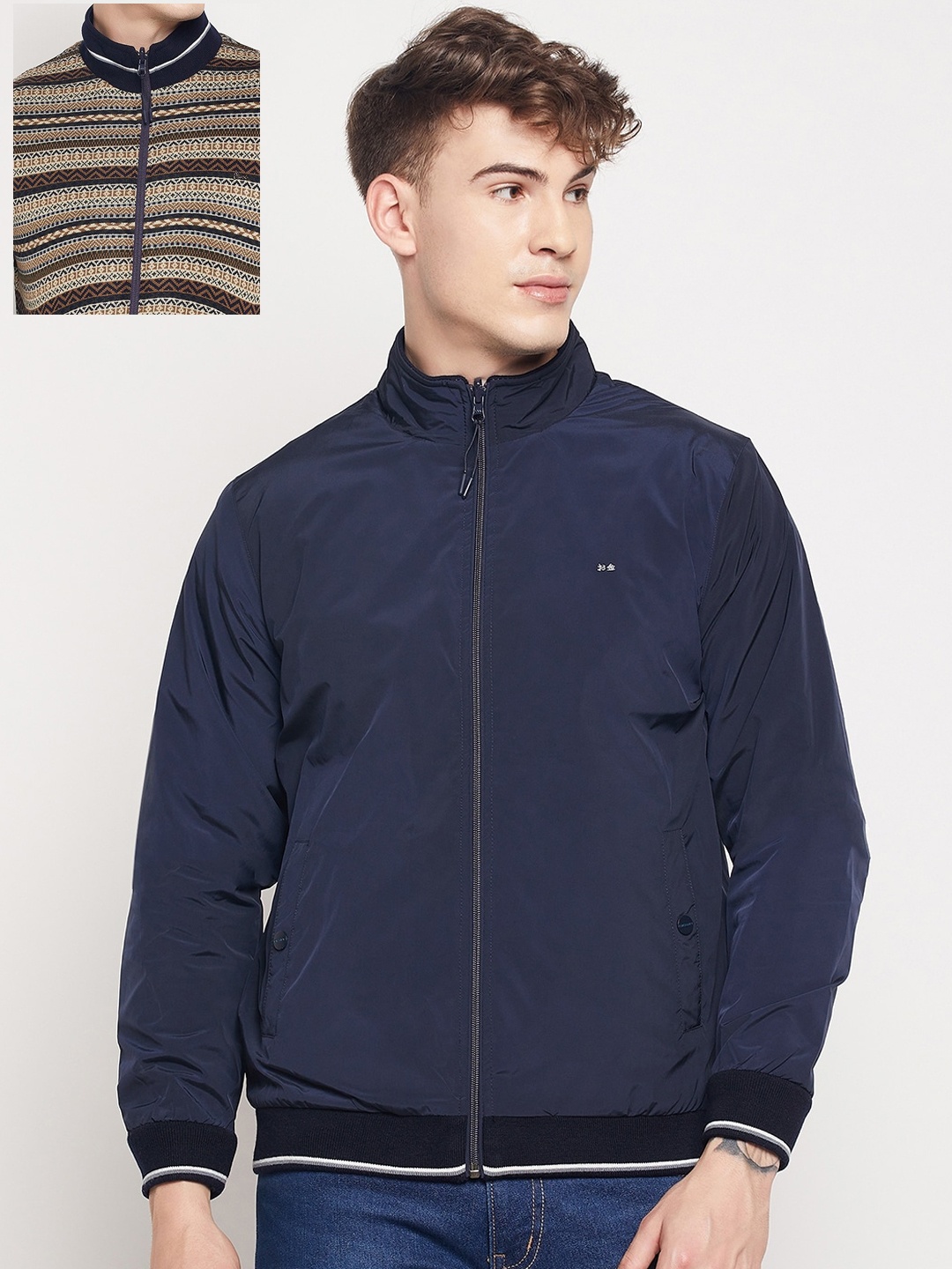 

Okane Men Navy Blue Reversible Bomber Jacket