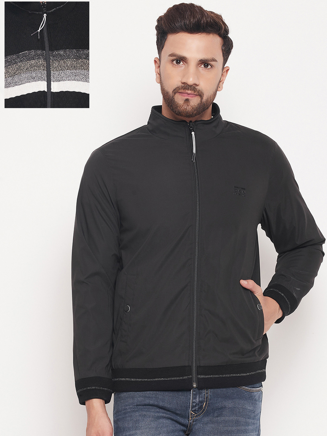 

Okane Plus Size Men Black Reversible Bomber Jacket