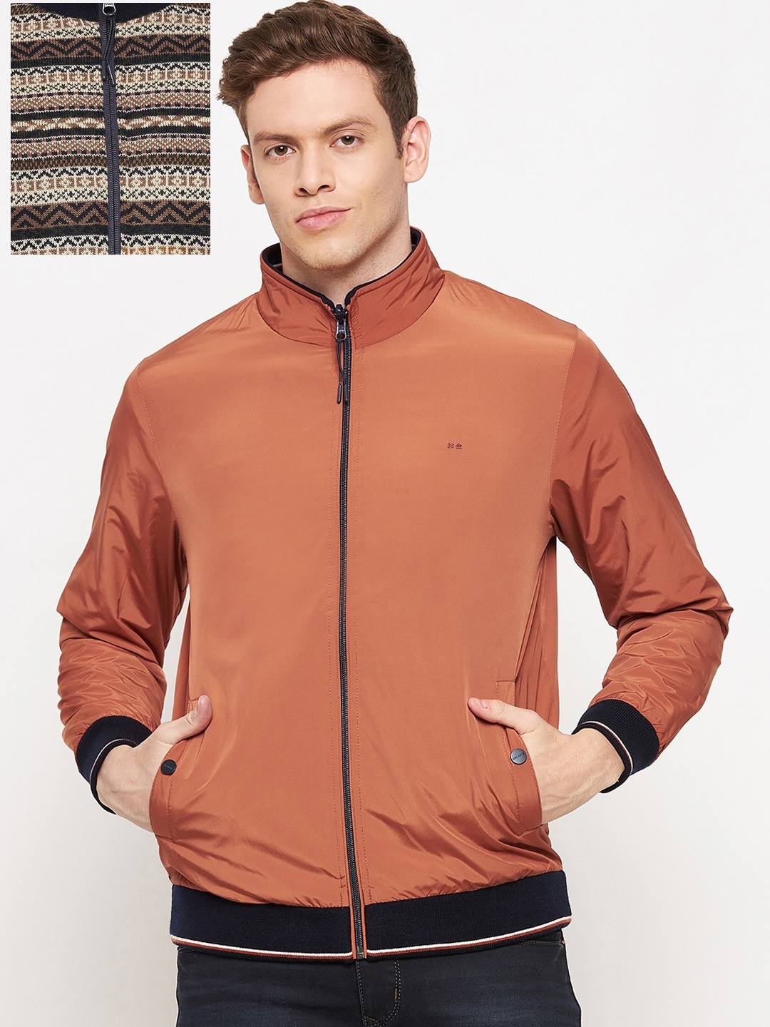 

Okane Men Rust Orange & Beige Reversible Bomber Jacket