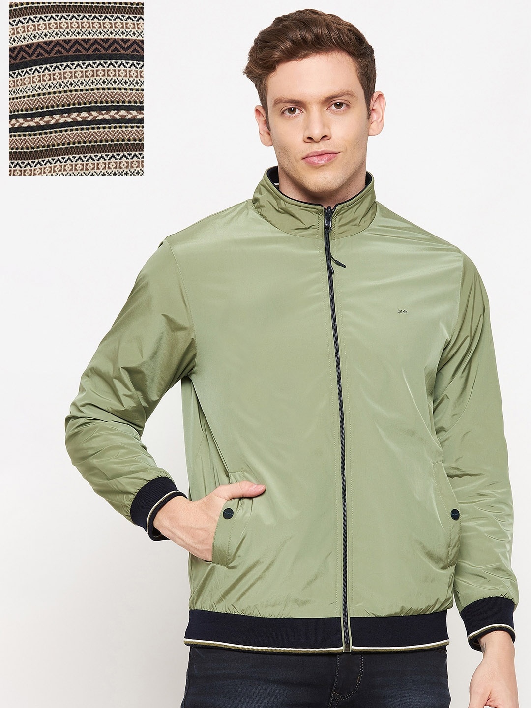 

Okane Plus Size Men Olive Green & Beige Reversible Bomber Jacket