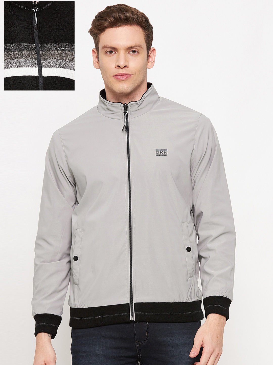 

Okane Plus Size Men Grey & Black Reversible Bomber Jacket