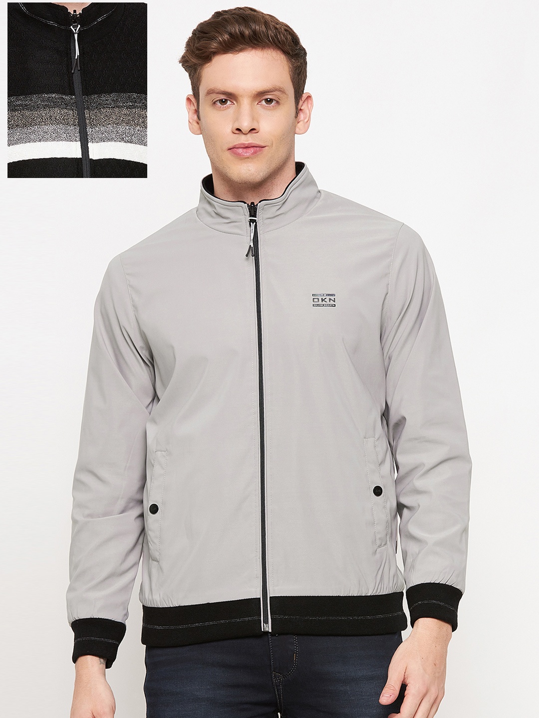 

Okane Plus Size Men Grey & Black Reversible Bomber Jacket