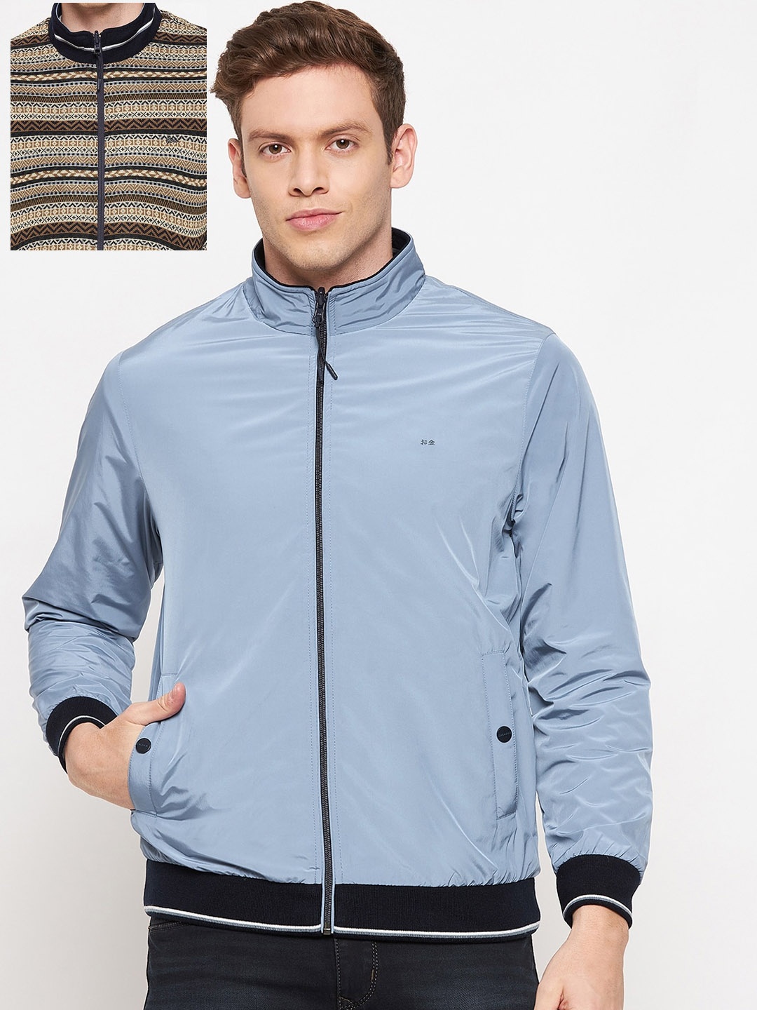 

Okane Men Blue & Brown Geometric Reversible Tailored Jacket