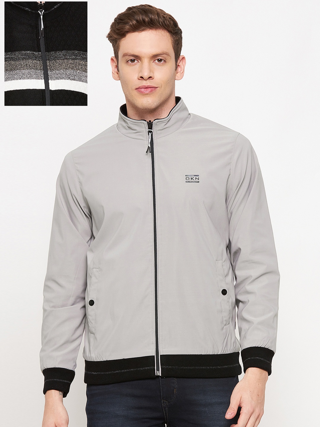 

Okane Men Grey Black Reversible Bomber Jacket