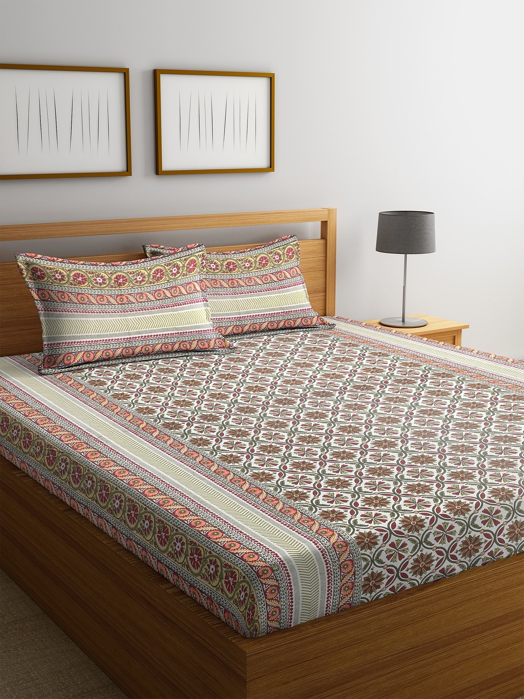 

Rajasthan Decor Floral 144 TC Cotton Queen Bedsheet with 2 Pillow Covers, Green