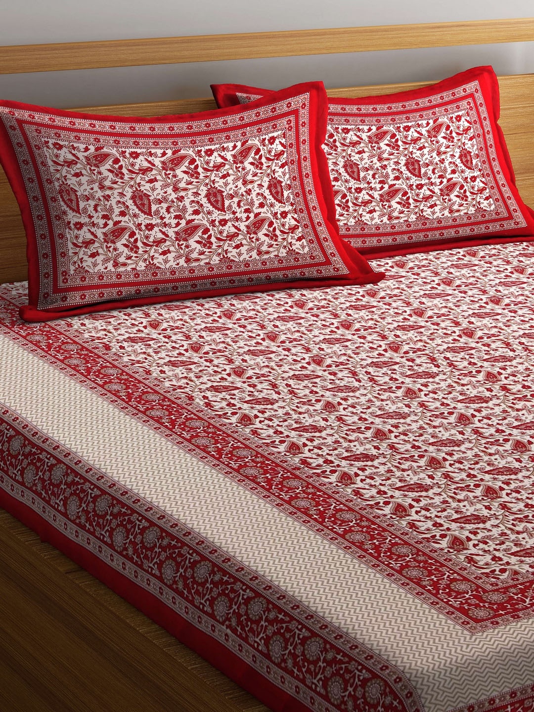 

Rajasthan Decor Floral 144 TC Queen Cotton Bedsheet with 2 Pillow Covers, Red