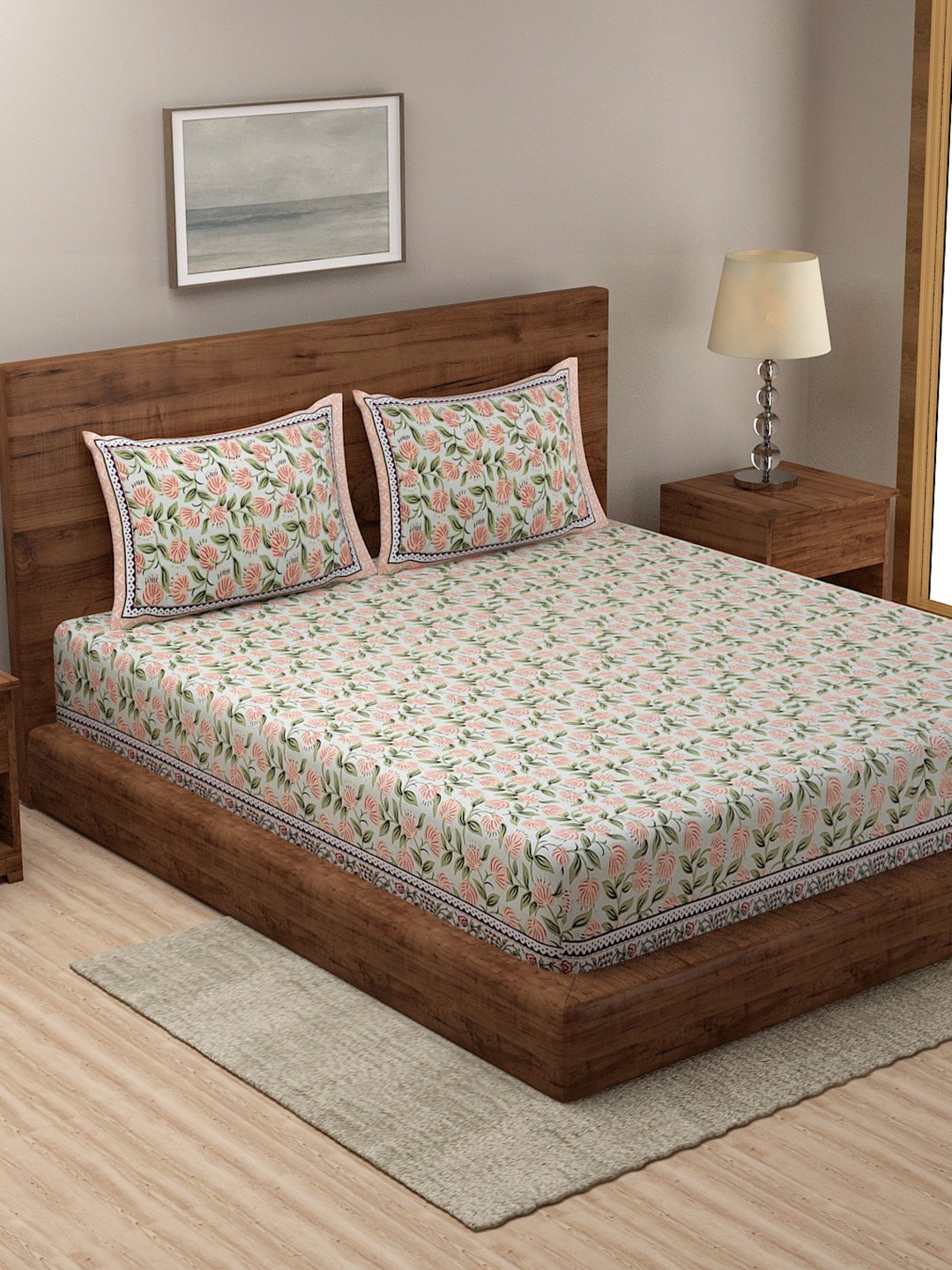 

Rajasthan Decor Floral 144 TC King Cotton Bedsheet with 2 Pillow Covers, White