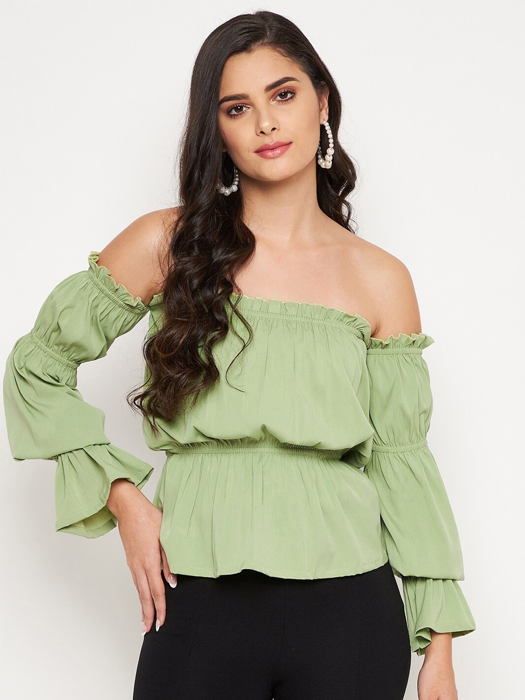 WineRed Green Off-Shoulder Ruffles Crepe Bardot Top