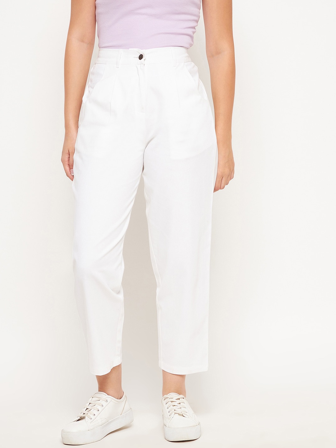 

WineRed Women White Solid Easy Wash Trousers