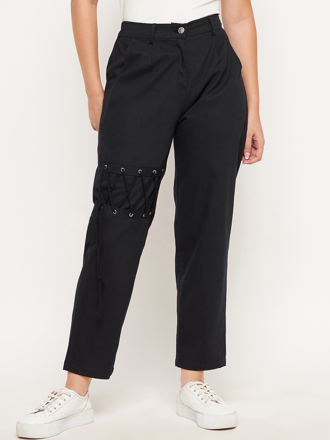 

WineRed Women Black High-Rise Easy Wash Cargos Trousers