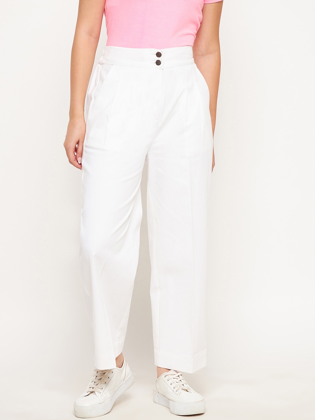 

WineRed Women White Straight Fit High-Rise Easy Wash Pleated Trousers