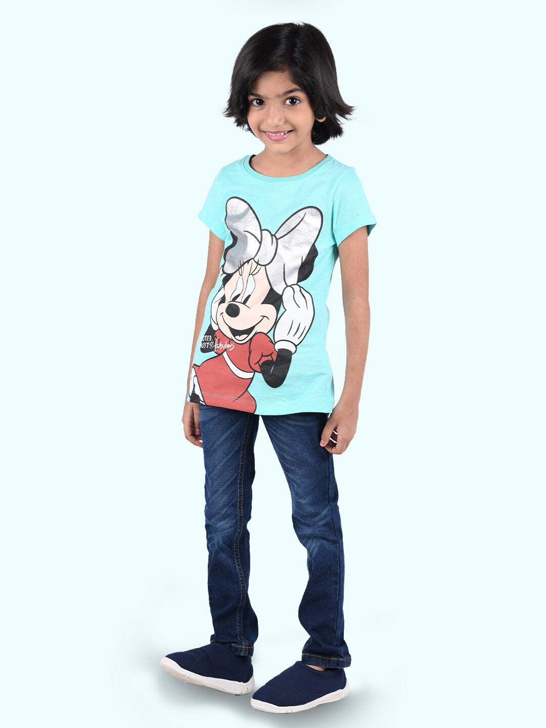

Zalio Girls Turquoise Blue Minnie Mouse Printed T-shirt