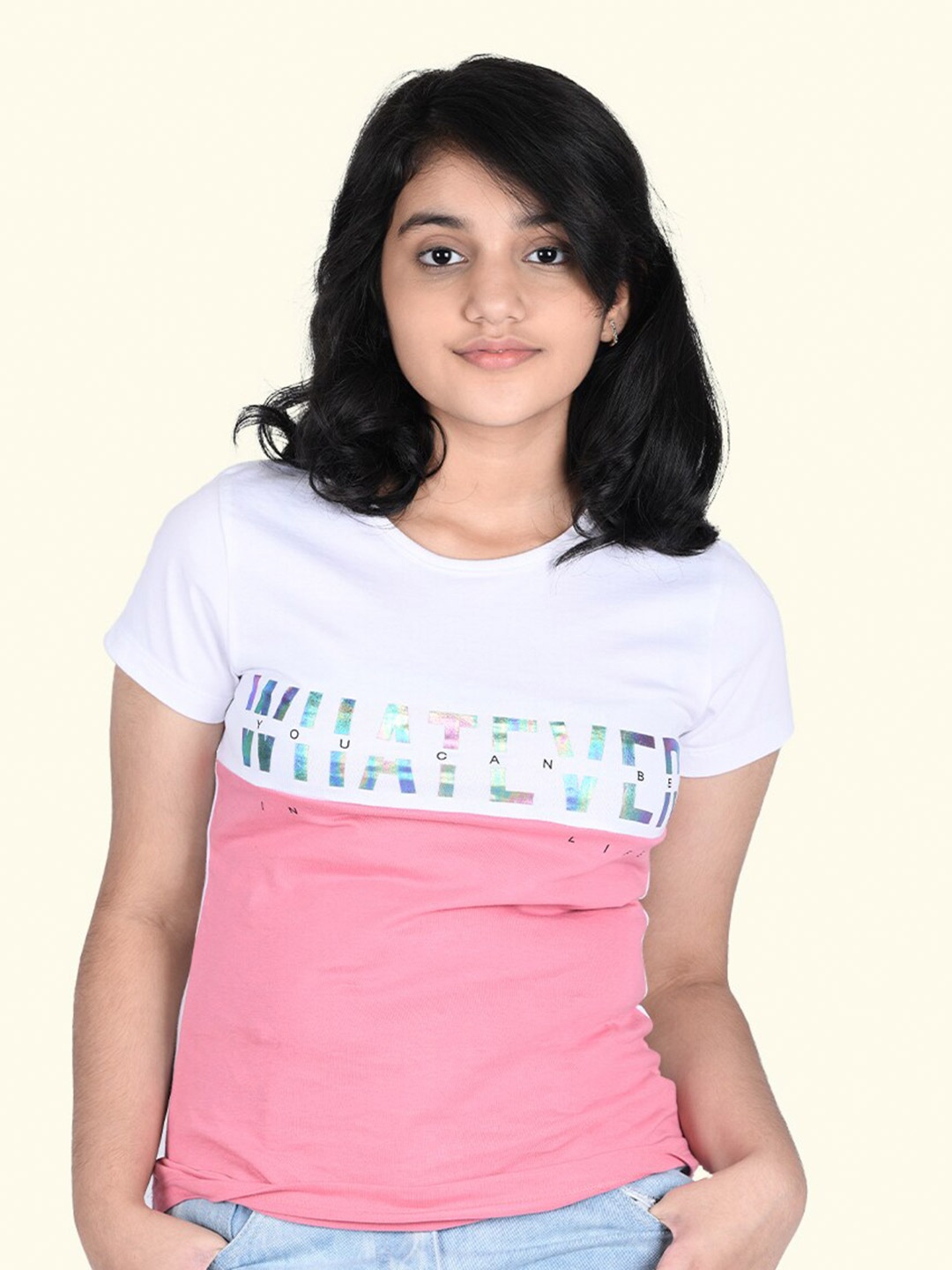 

Zalio Girls White & Pink Typography Printed Cotton T-shirt