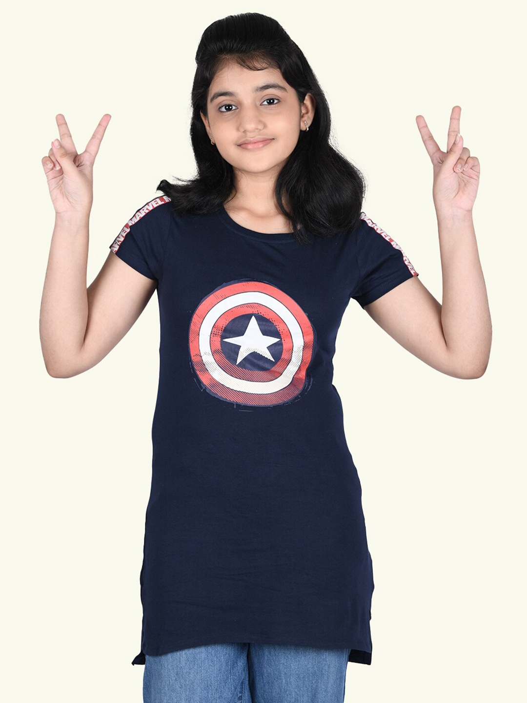 

Zalio Girls Navy Blue Captain America Printed Cotton T-shirt