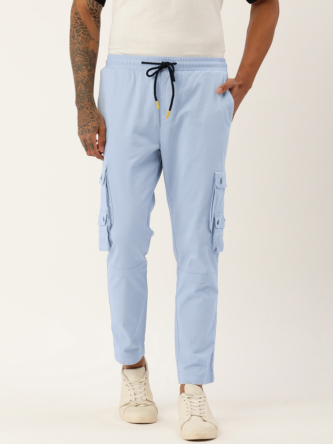 

FOREVER 21 Men Light Blue Casual Trousers with Cargo Pockets and Drawstring
