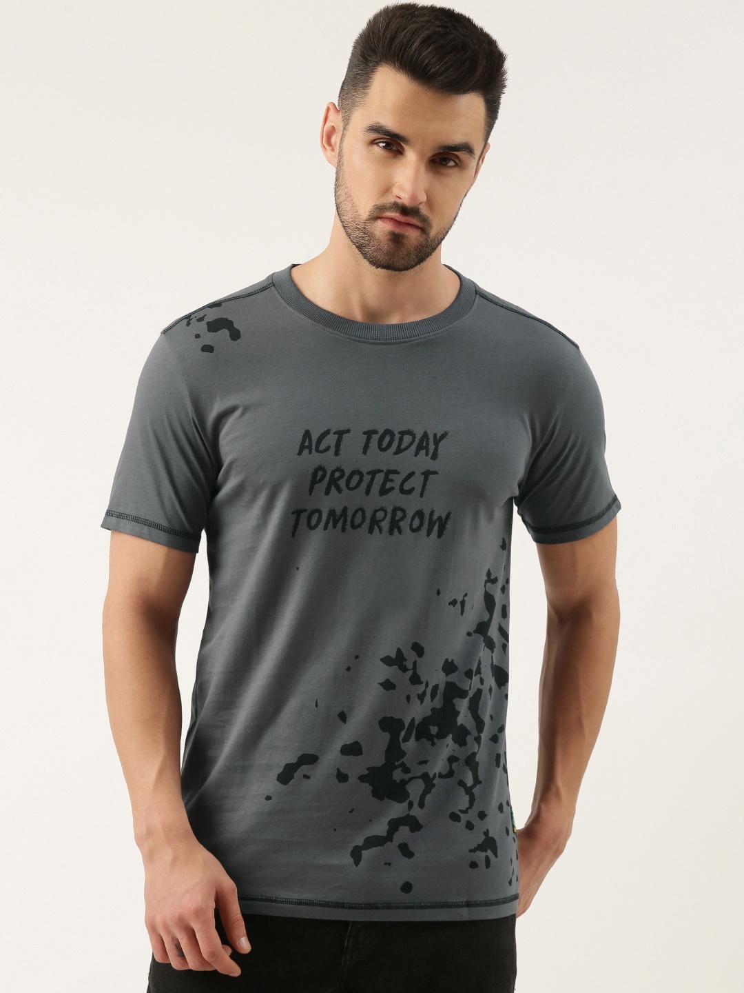 FOREVER 21 Men Grey Typography Printed Pure Cotton T-shirt
