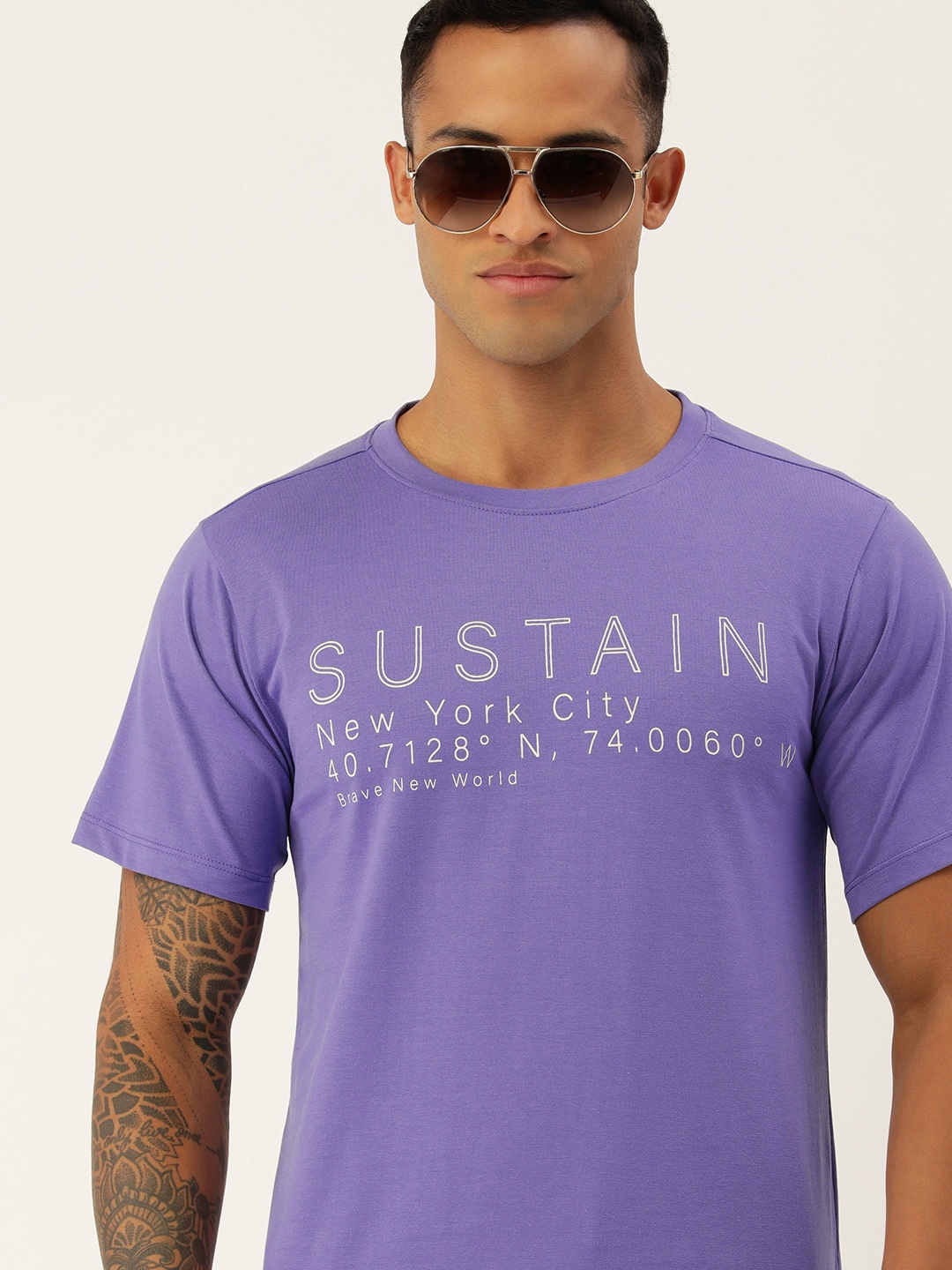 

FOREVER 21 Men Purple Typography Printed Round-Neck Casual T-shirt