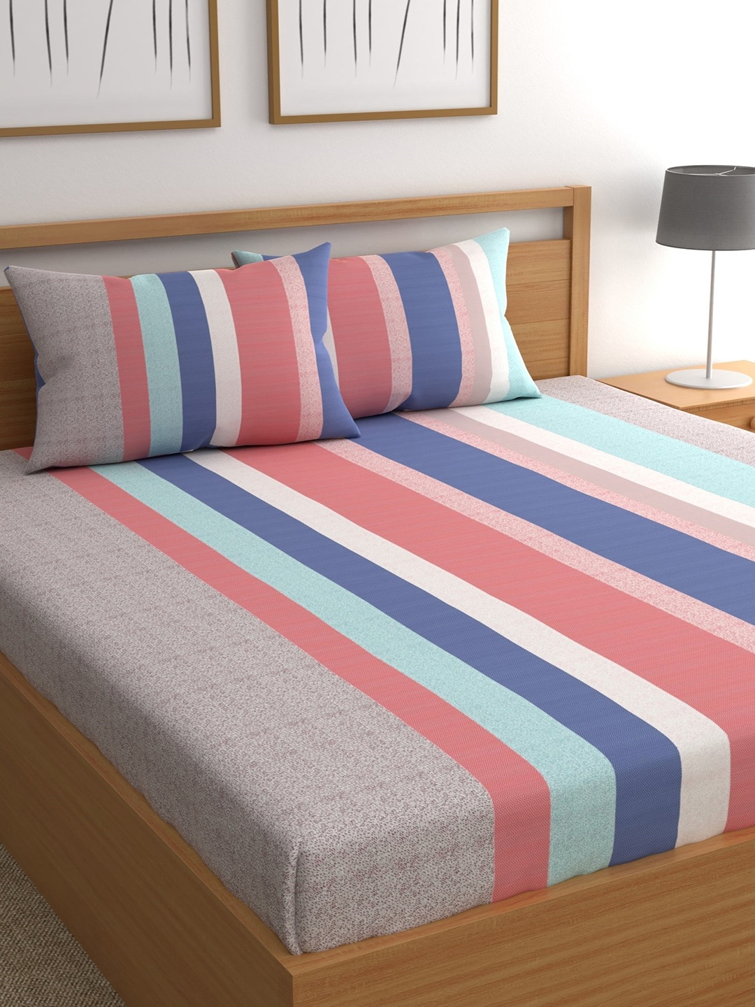 

CHHAVI INDIA Assorted Striped 300 TC Queen Bedsheet with 2 Pillow Covers