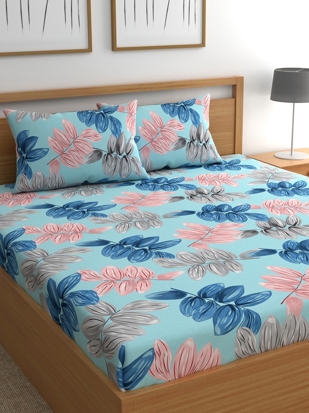 

CHHAVI INDIA Floral 210 TC Queen Bedsheet with 2 Pillow Covers, Turquoise blue