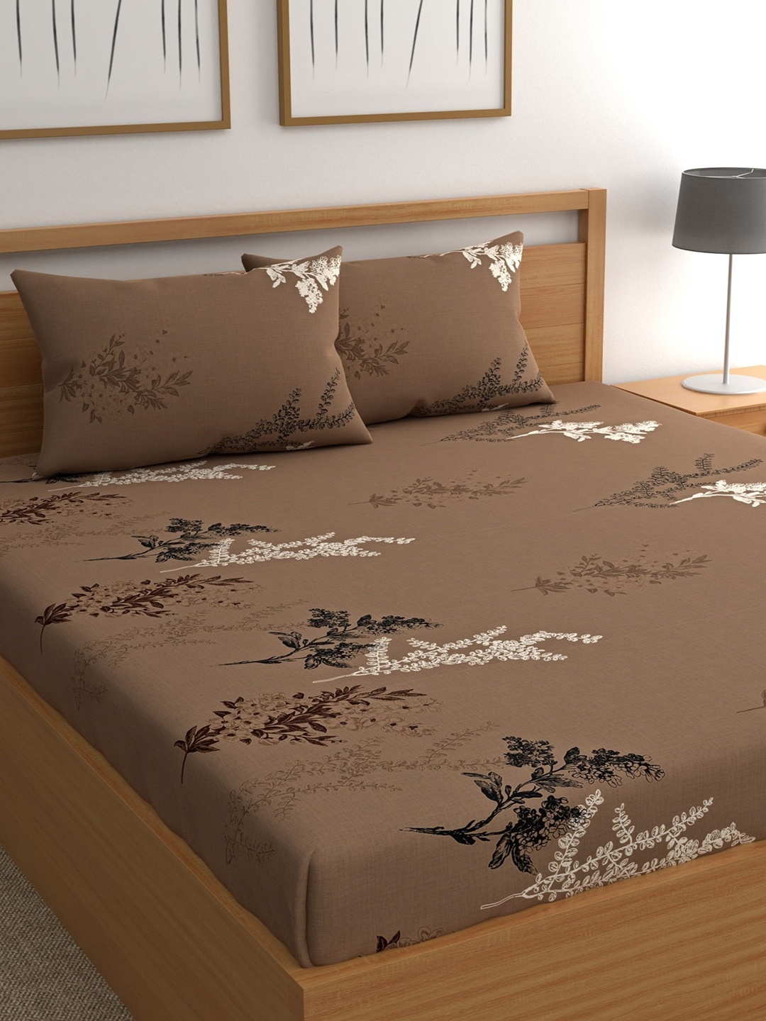 

CHHAVI INDIA Floral 210 TC Queen Bedsheet with 2 Pillow Covers, Brown