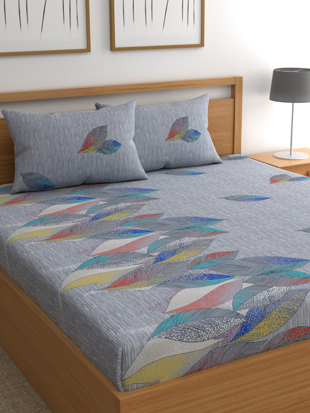 

CHHAVI INDIA Grey & Blue 210 TC Floral Queen Bedsheet with 2 Pillow Covers