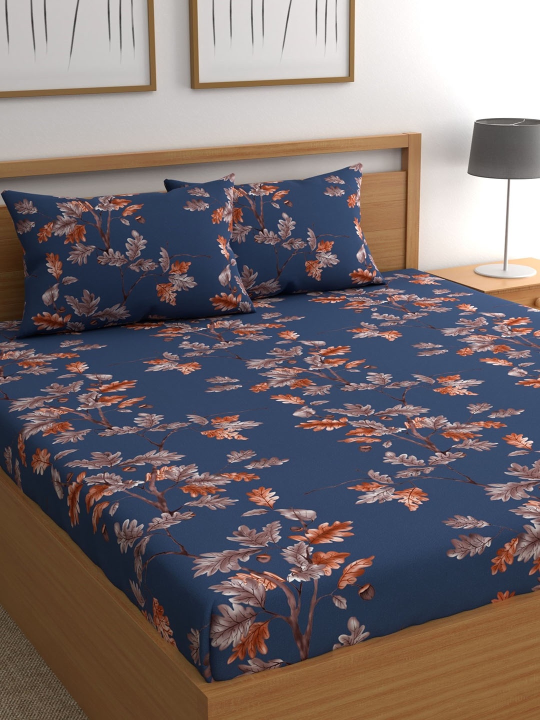 

CHHAVI INDIA Floral 210 TC Queen Bedsheet with 2 Pillow Covers, Blue