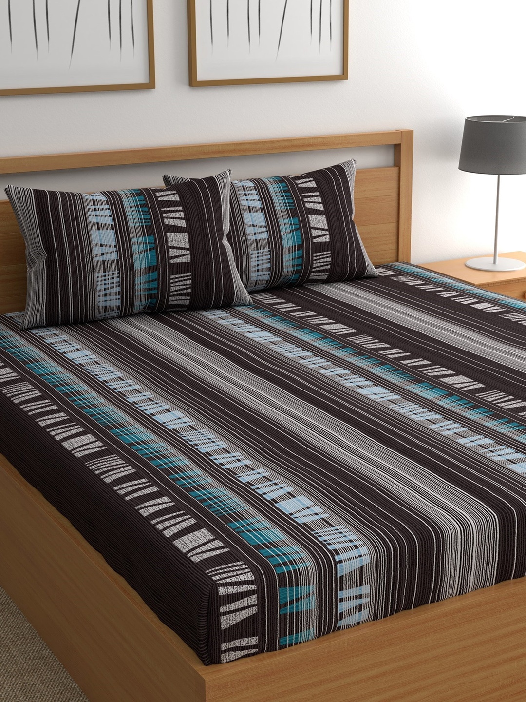 

CHHAVI INDIA Black & Blue Striped 300 TC Queen Bedsheet with 2 Pillow Covers