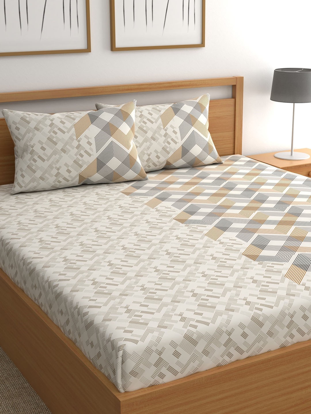 

CHHAVI INDIA Geometric 210 TC Queen Bedsheet with 2 Pillow Covers, Off white
