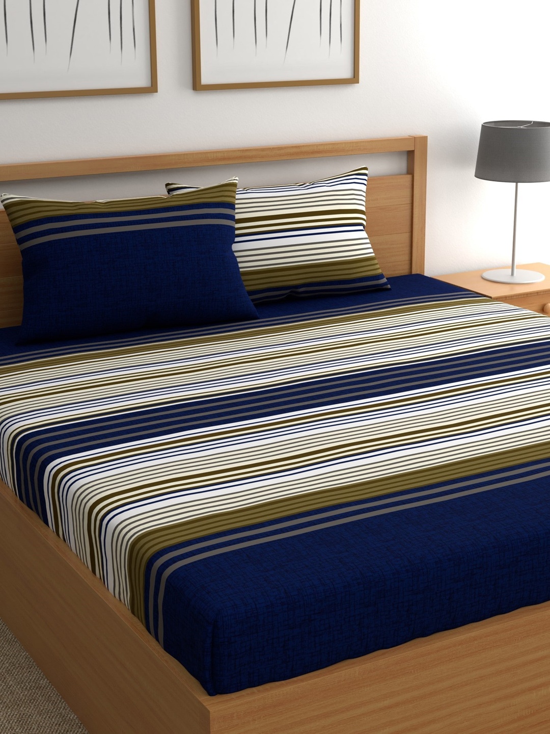 

CHHAVI INDIA Striped 210 TC Queen Bedsheet with 2 Pillow Covers, Blue