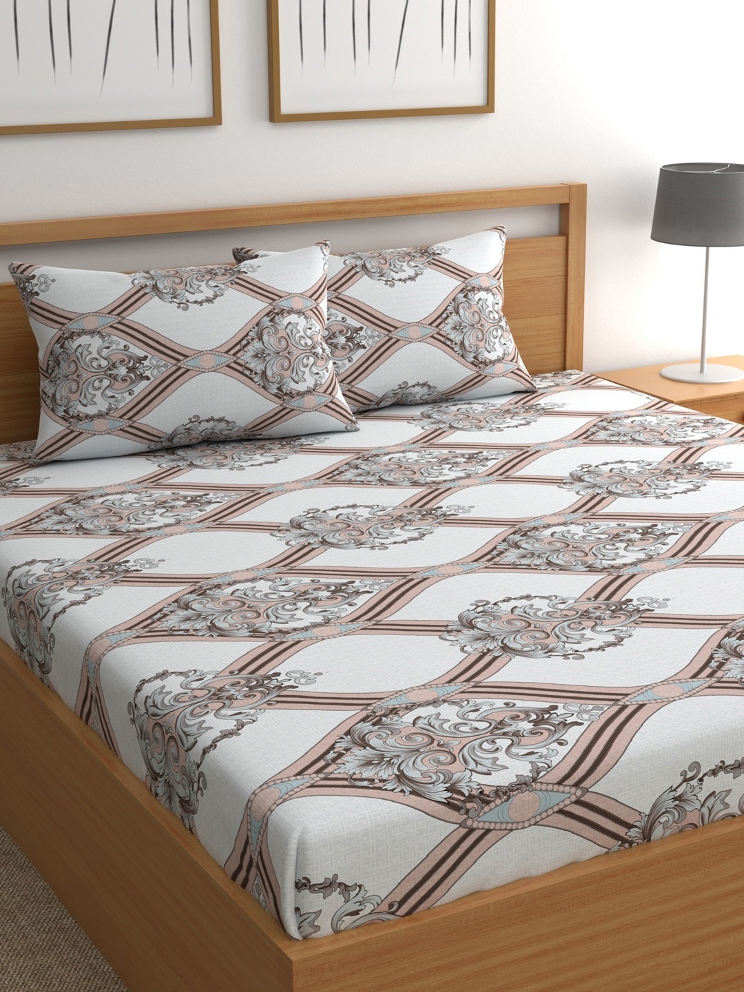 

CHHAVI INDIA White & Beige 210 TC Ethnic Motifs Queen Bedsheet with 2 Pillow Covers