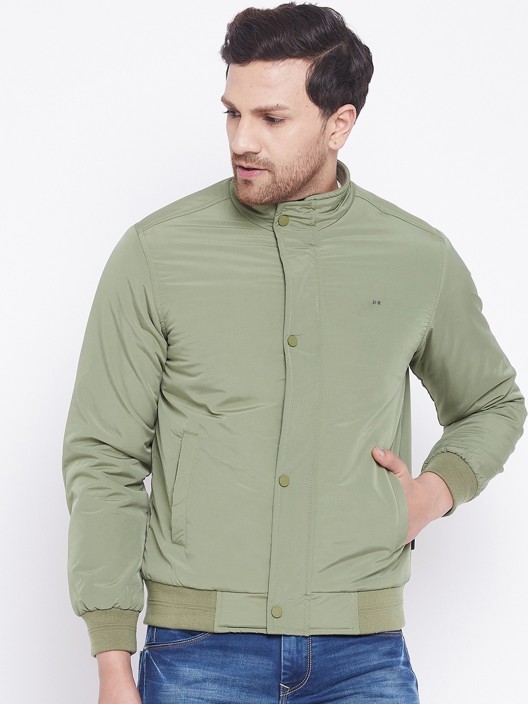 

Okane Men Olive Green Solid Bomber Jacket