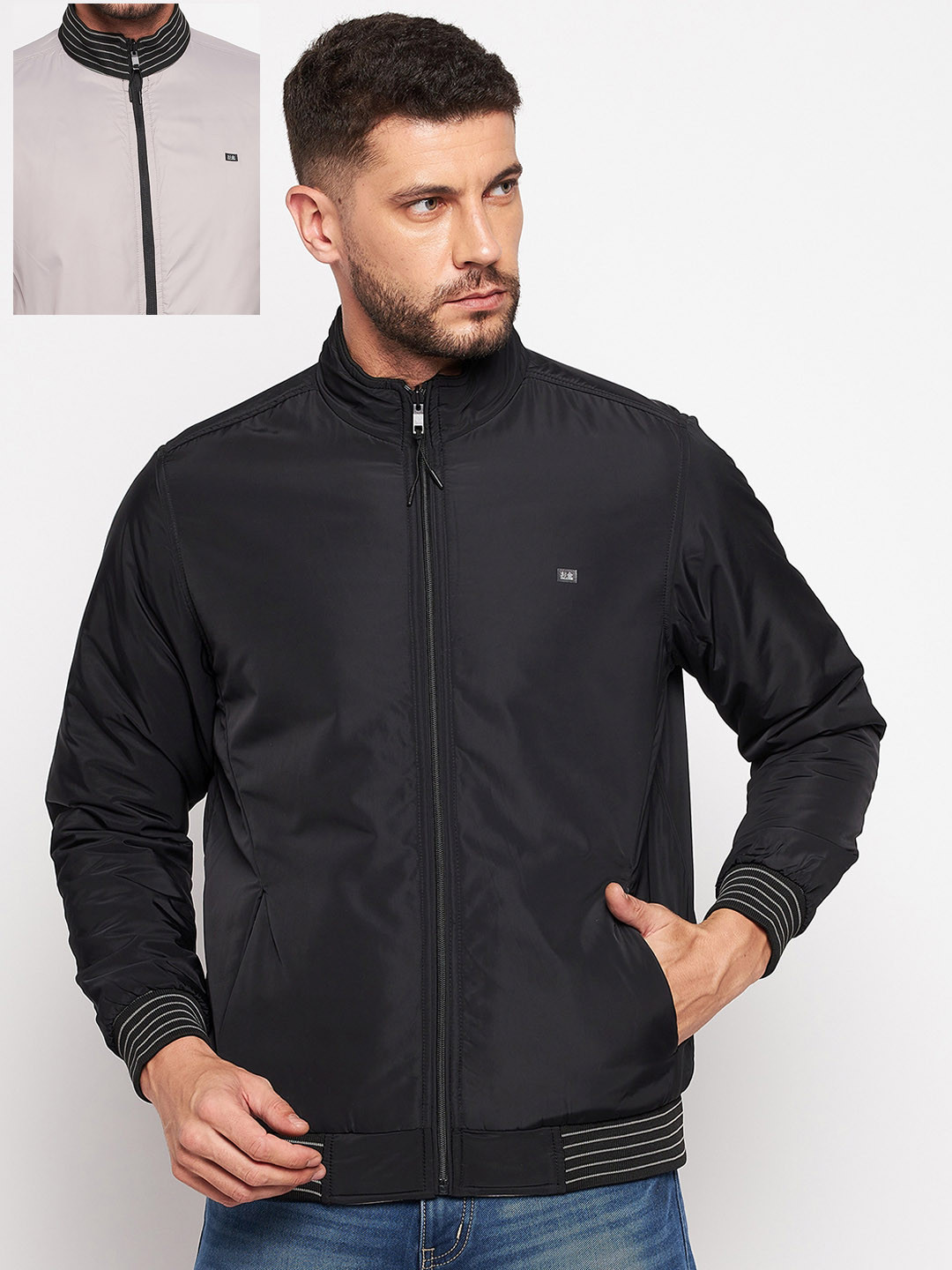 

Okane Men Black Solid Reversible Bomber Jacket
