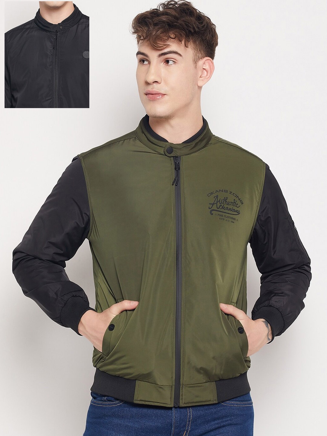 

Okane Men Olive Green Black Typography Reversible Bomber Jacket