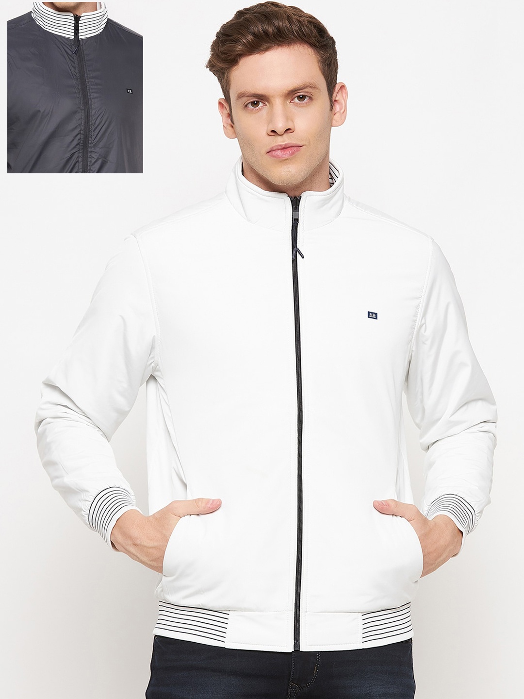 

Okane Men White Grey Reversible Bomber Jacket