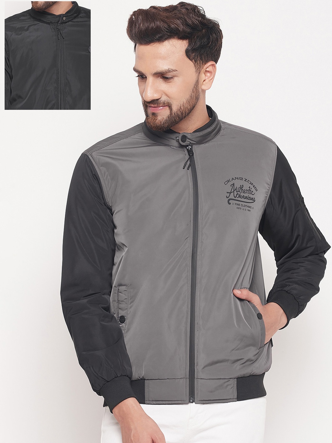 

Okane Men Grey Melange Reversible Bomber Jacket