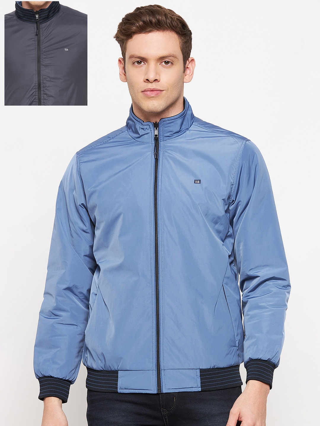 

Okane Men Blue Solid Reversible Bomber Jacket