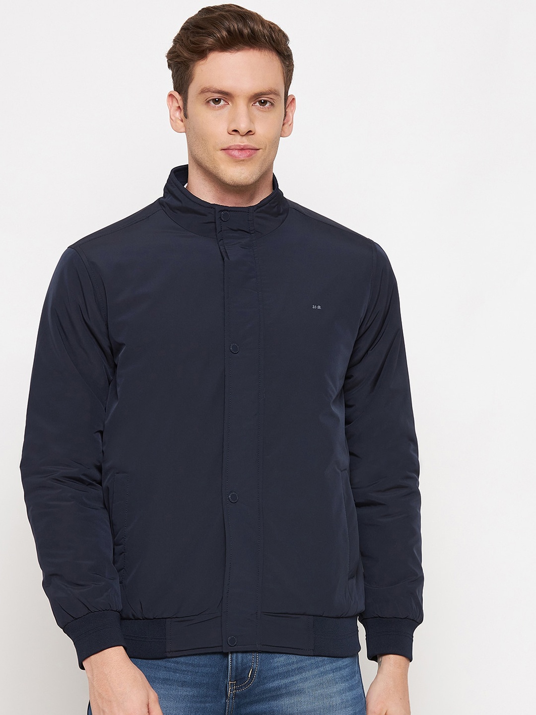 

Okane Men Navy Blue Solid Nylon Bomber Jacket