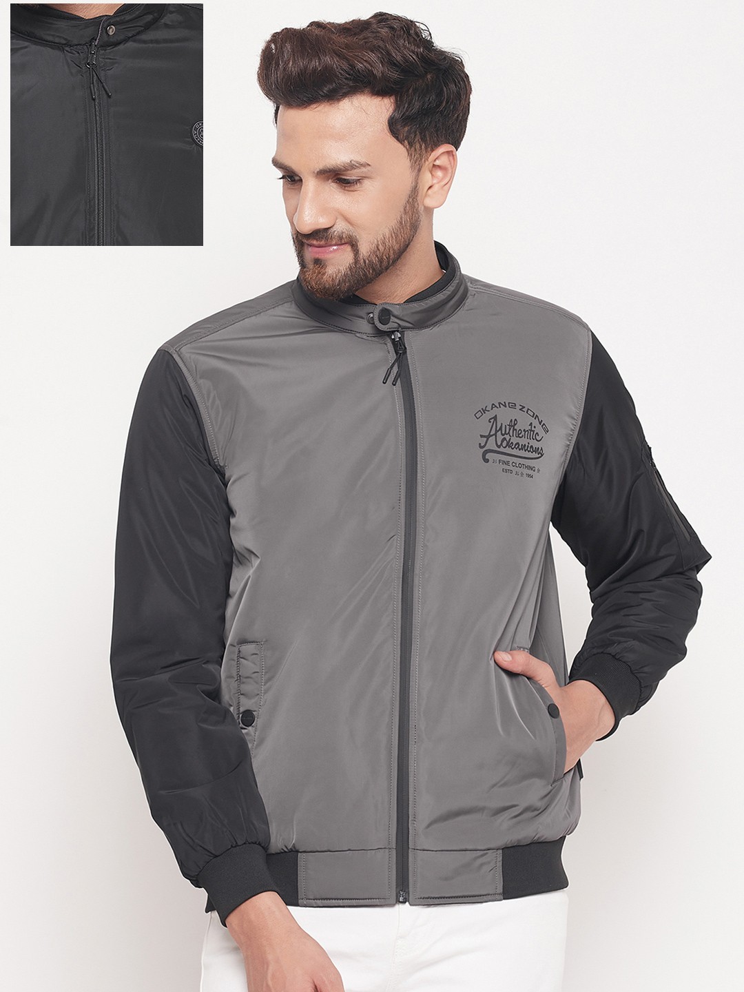 

Okane Men Grey Typography Printed Reversible Bomber Jacket