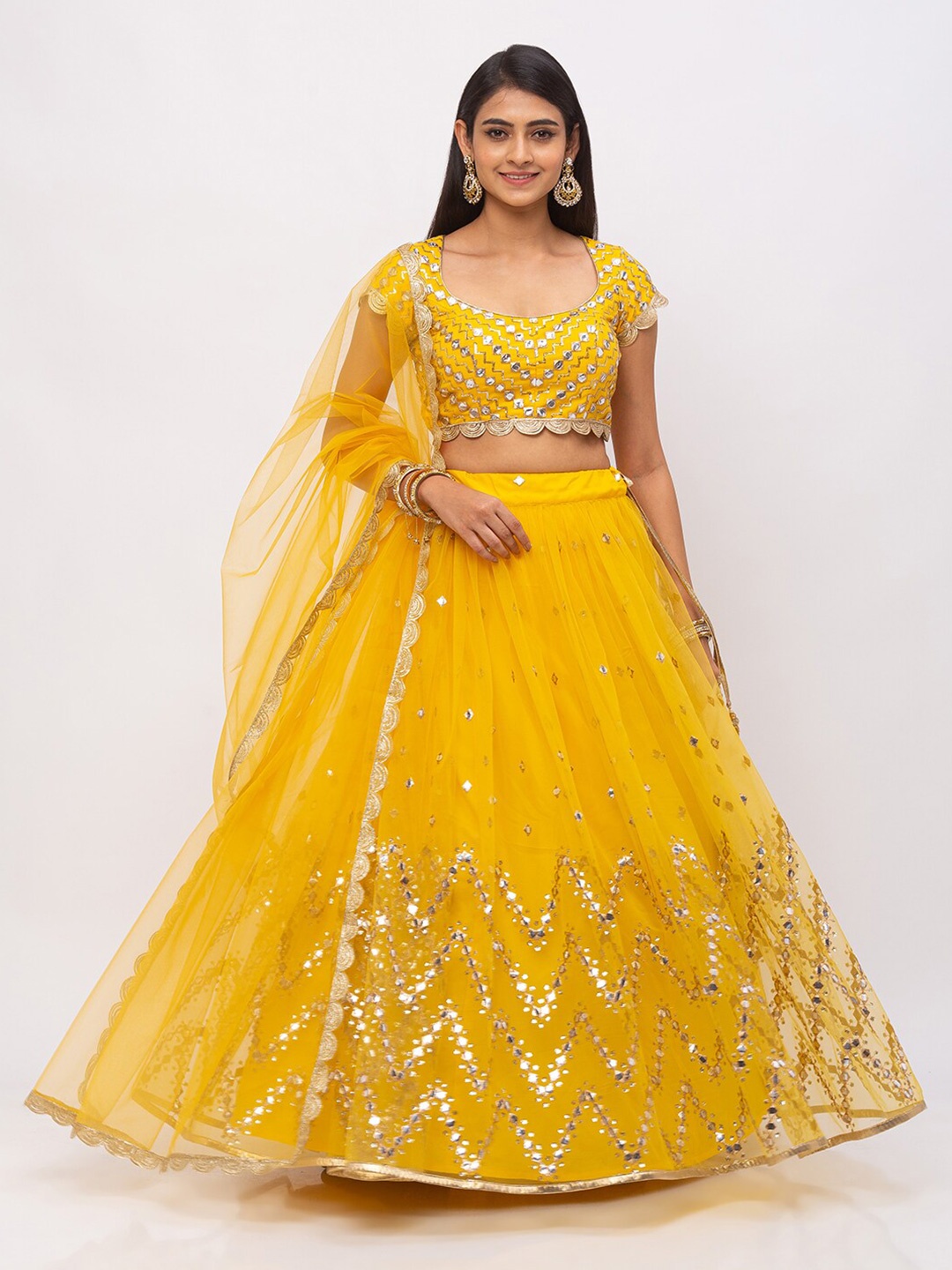 

6Y COLLECTIVE Mustard & Gold-Toned Embellished Sequinned Semi-Stitched Lehenga & Unstitched Blouse With