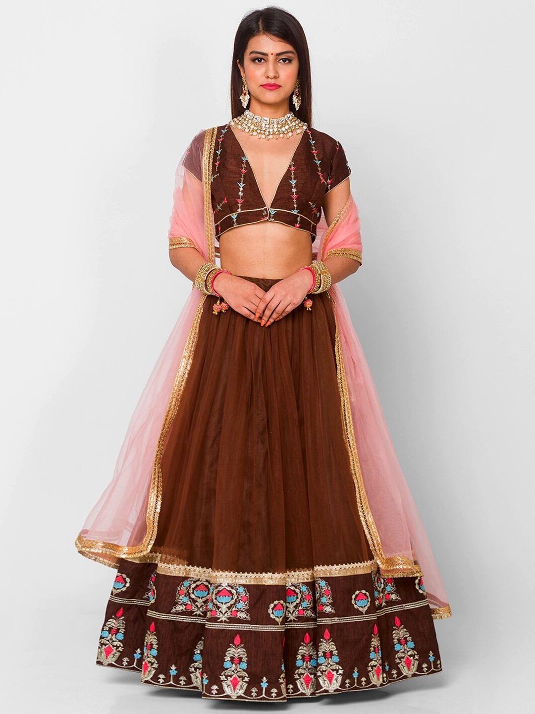 

6Y COLLECTIVE Coffee Brown & Pink Embellished Sequinned Semi-Stitched Lehenga & Unstitched Blouse With