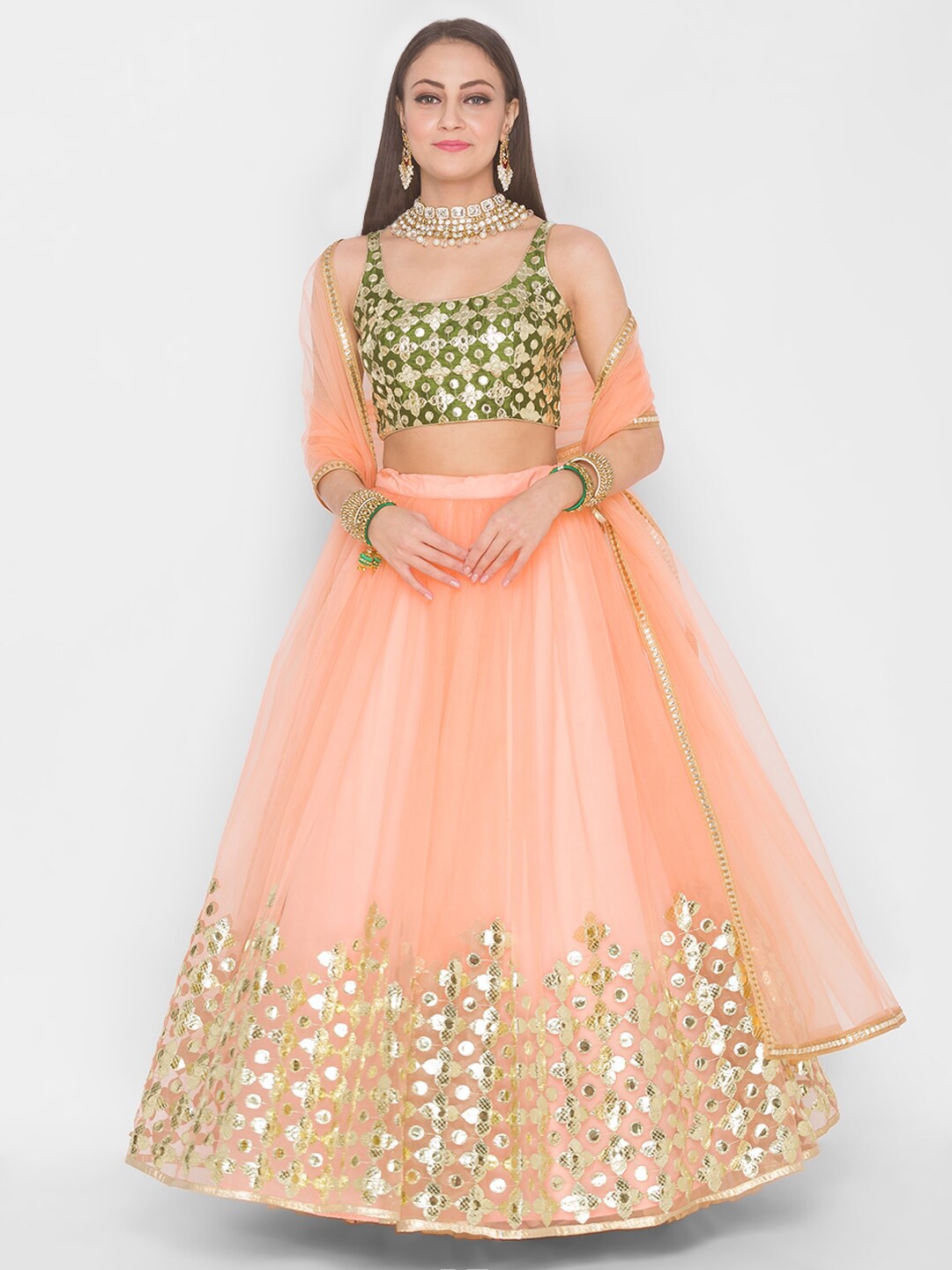 

6Y COLLECTIVE Coral & Green Embellished Sequinned Semi-Stitched Lehenga & Unstitched Blouse With Dupatta