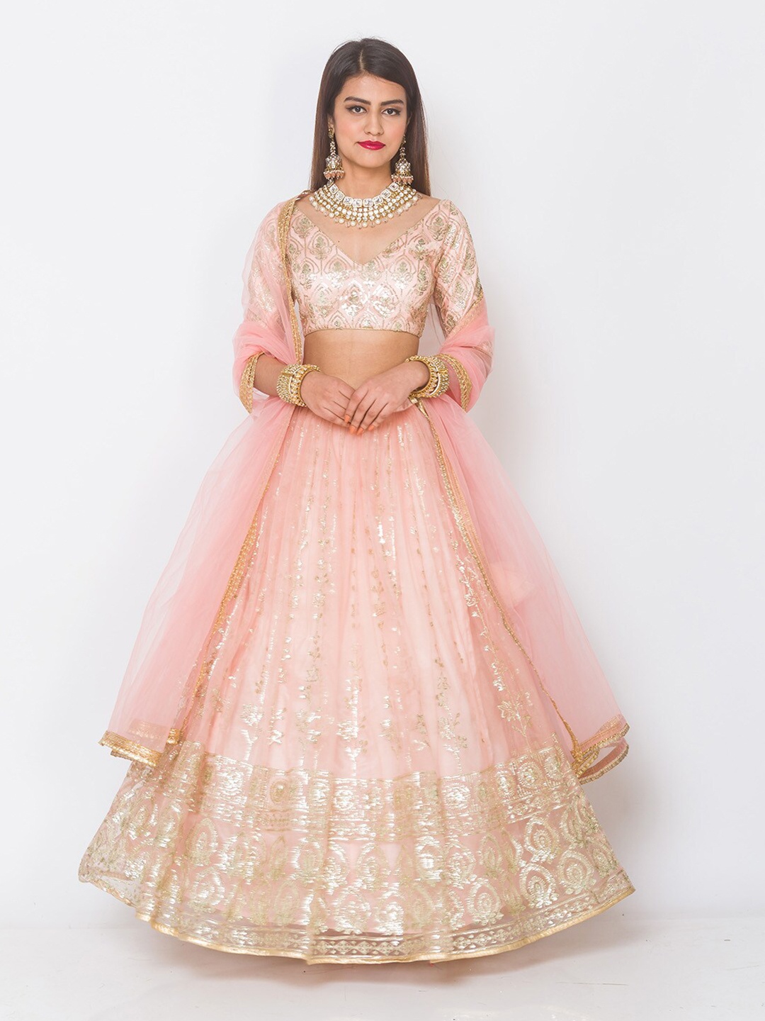 

6Y COLLECTIVE Peach-Coloured & Gold-Toned Embellished Sequinned Semi-Stitched Lehenga & Unstitched Blouse