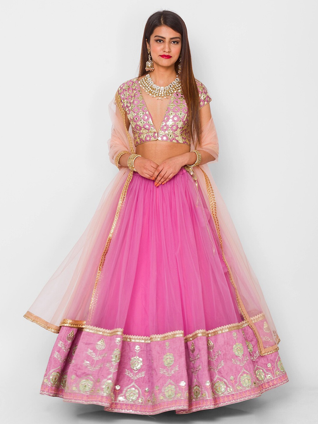 

6Y COLLECTIVE Lavender & Gold-Toned Embellished Sequinned Semi-Stitched Lehenga & Unstitched Blouse With