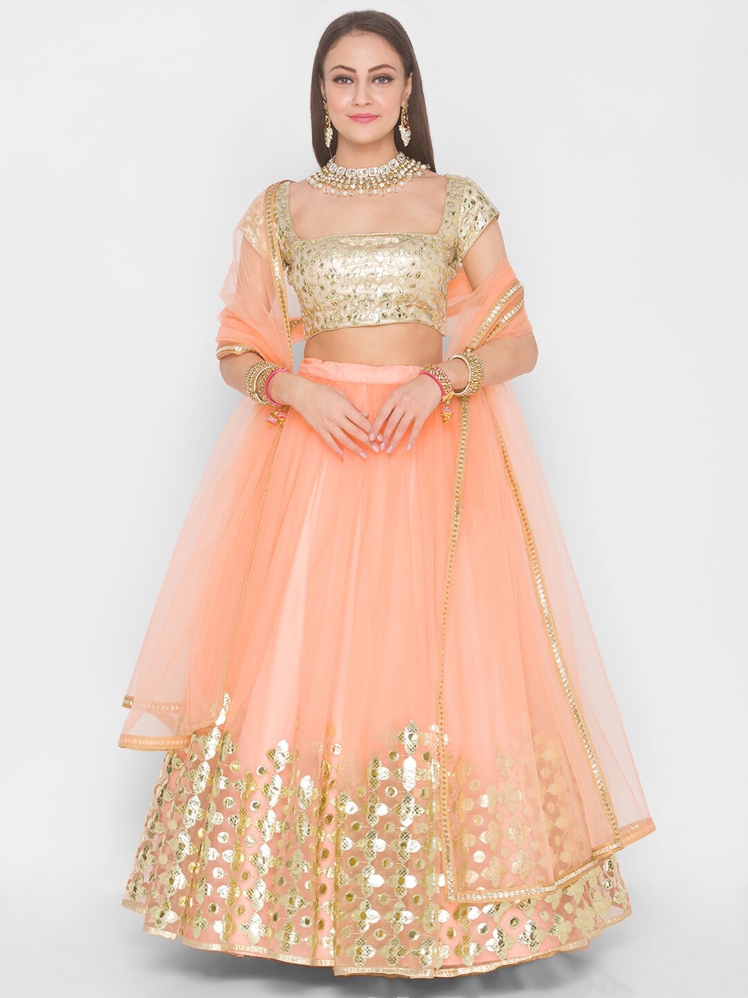

6Y COLLECTIVE Coral & Gold-Toned Embellished Sequinned Semi-Stitched Lehenga & Unstitched Blouse With