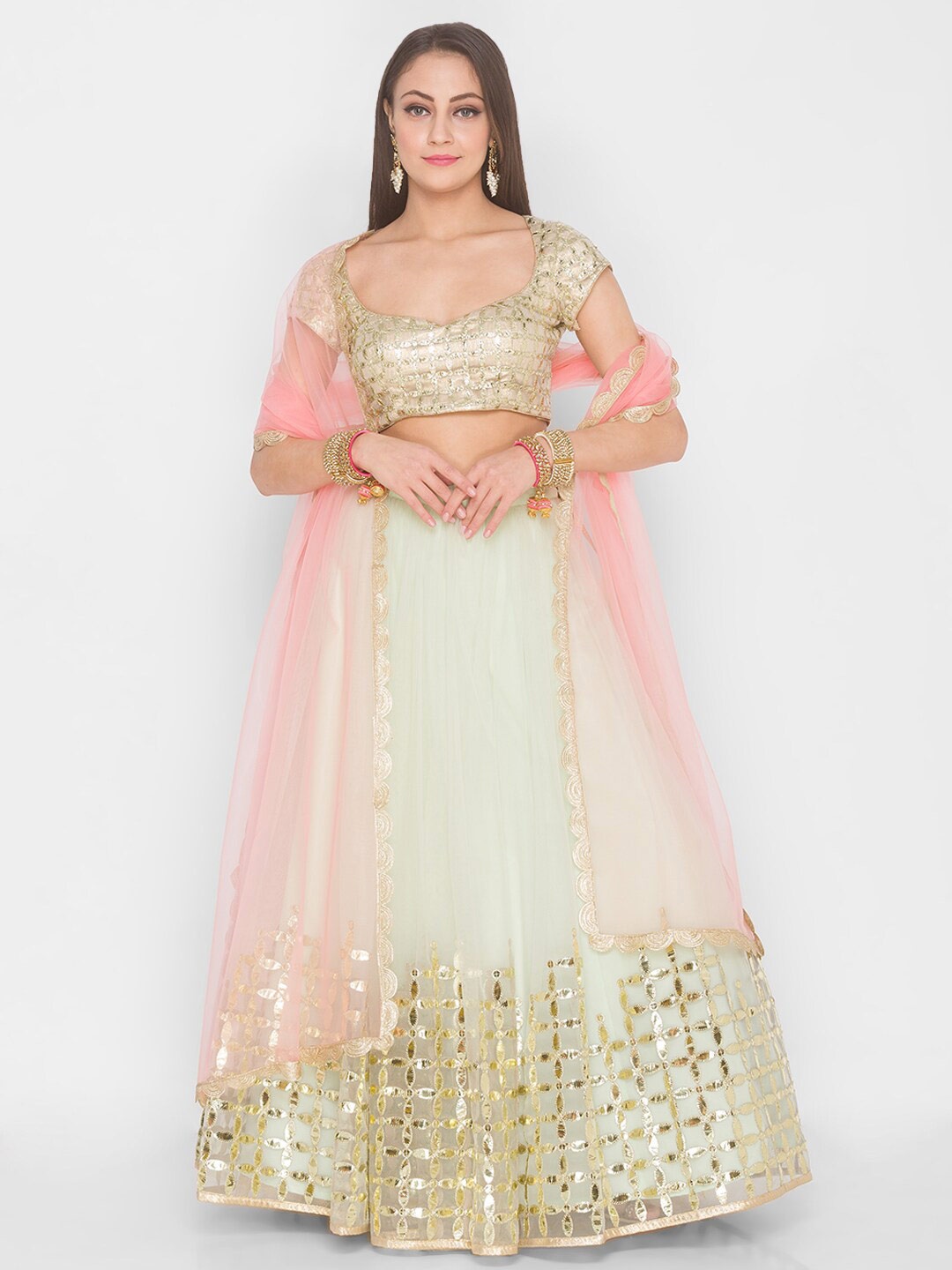 

6Y COLLECTIVE Cream-Coloured & Gold-Toned Embellished Sequinned Semi-Stitched Lehenga & Unstitched Blouse