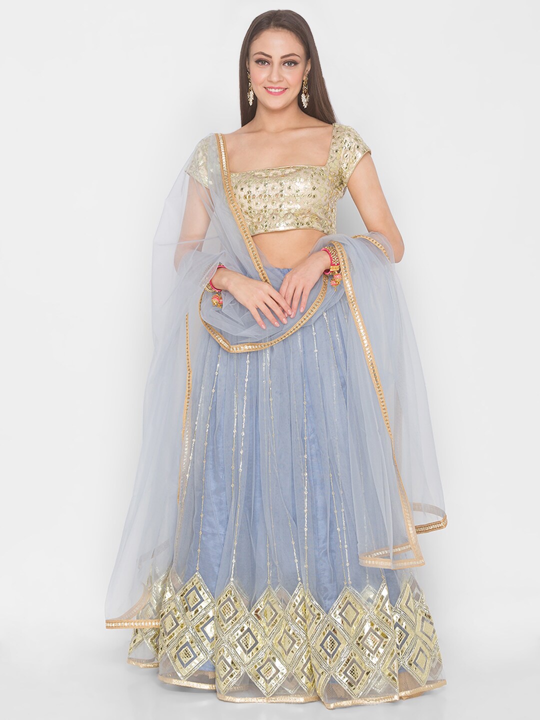 

6Y COLLECTIVE Grey & Gold-Toned Semi-Stitched Lehenga & Unstitched Blouse With Dupatta, Grey melange