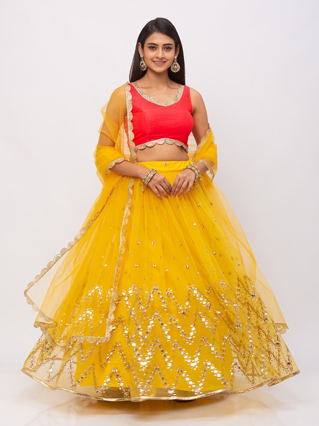 

6Y COLLECTIVE Mustard & Peach Semi-Stitched Lehenga & Unstitched Blouse With Dupatta