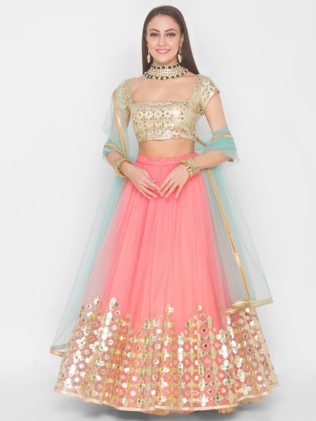 

6Y COLLECTIVE Peach & Blue Semi-Stitched Lehenga & Unstitched Blouse With Dupatta